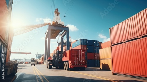 worker in container yard using tablet for loading cargo container ship working with crane in ship yard