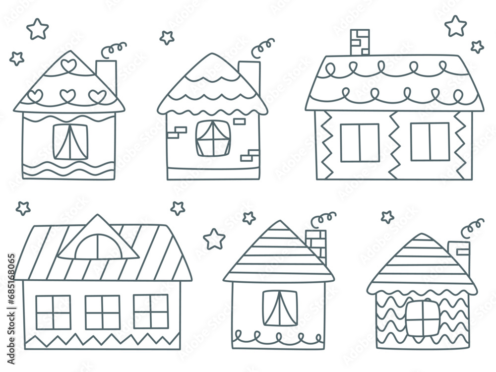 Doodle houses set vector illustration. Cute hand drawn cottages for families. Simple ink outline of rural residential building isolated on white background