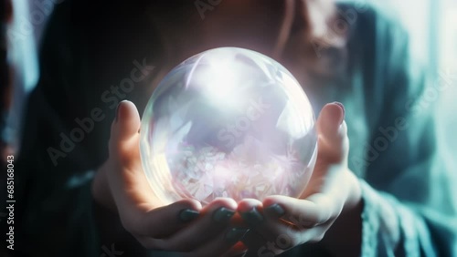 AI generated animation of fortune teller or witch hands with crystal ball. Halloween, magic or witchcraft and tricks concept. High quality 4k footage photo