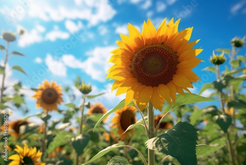 sunflower garden with beautiful blue sky. generative ai