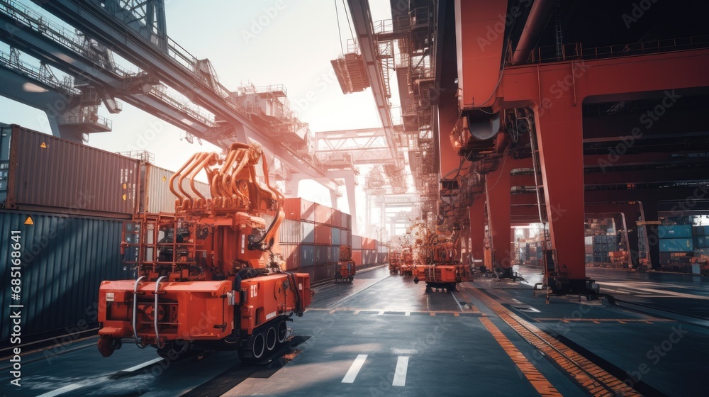 sci-fi high technology robotic AI activity for loading cargo container ship working with crane in ship yard