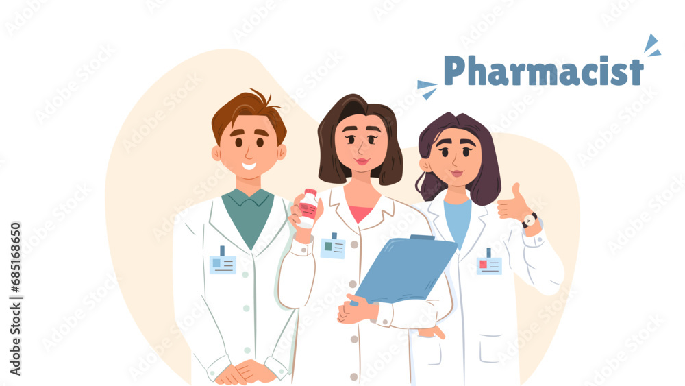 Doctor in white gown holding clipboard, male and female medic wearing uniform. Hospital employee standing in row. Pharmacist medicine. Emergency treatment concept. Vector illustration Doctor in white gown holding clipboard, male and female medic wearing uniform. Hospital employee standing in row. Pharmacist medicine. Emergency treatment concept. Vector illustration