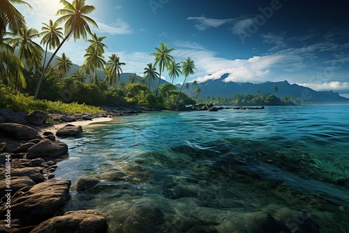 Solomon islands landscape. Mountains in the background. Generative AI Art. Beautiful view.