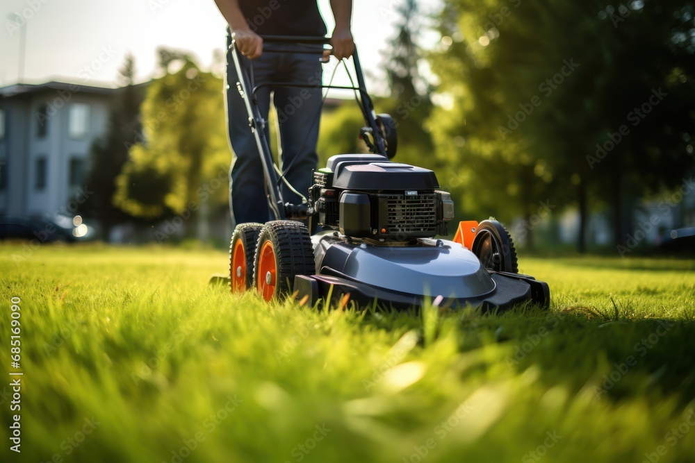 a man with a lawnmower mows the grass a man with a lawnmower mows the grass