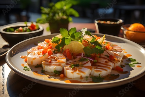 Peruvian seafood ceviche made of raw fish in a citrusy marinade with ají pepper
