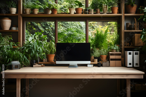 Cozy home office setup with a blank black computer screen, stylish desk and lush greenery