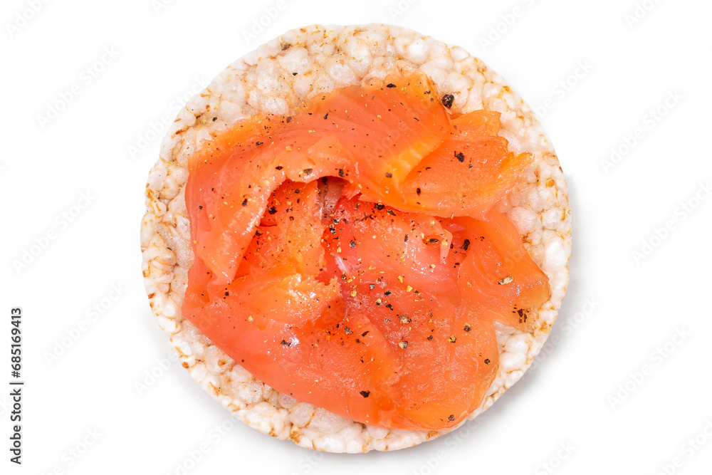 Tasty Rice Cake Sandwich with Fresh Salmon Slices Isolated on White - Top View. Easy Breakfast and Diet Food. Crispbread with Red Fish. Healthy Dietary Snack - Isolation Tasty Rice Cake Sandwich with Fresh Salmon Slices Isolated on White - Top View. Easy Breakfast and Diet Food. Crispbread with Red Fish. Healthy Dietary Snack - Isolation