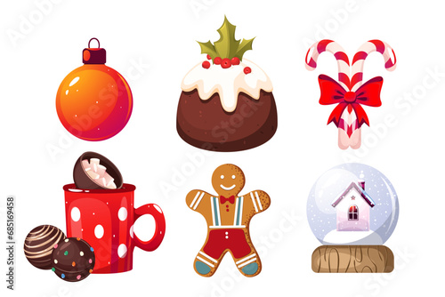 Set of Christmas elements. Merry Christmas and Happy New Year. Christmas pudding, chocolate bombs, candy cane, snow globe, cocoa.Vector illustration. photo