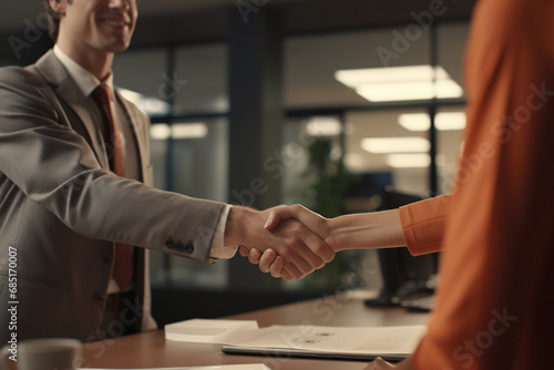 The perfect candidate for a job interview, a confident businesswoman smiling and shaking hands after an interview in an office environment photo