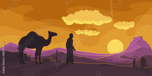 Bedouin in traditional wear with caravan camel travelling across sahara desert panoramic view with bloody red scenic sunset and sunrise, landscape, arabic sand dune. Summer travel. Vector illustration