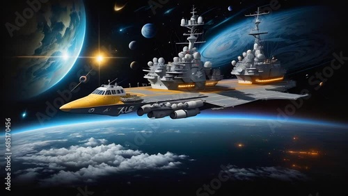 An imaginative depiction of space defense forces, with a stealth fighter and a powerful warship floating in orbit, reflects humanity's futuristic vision of extraterrestrial security photo