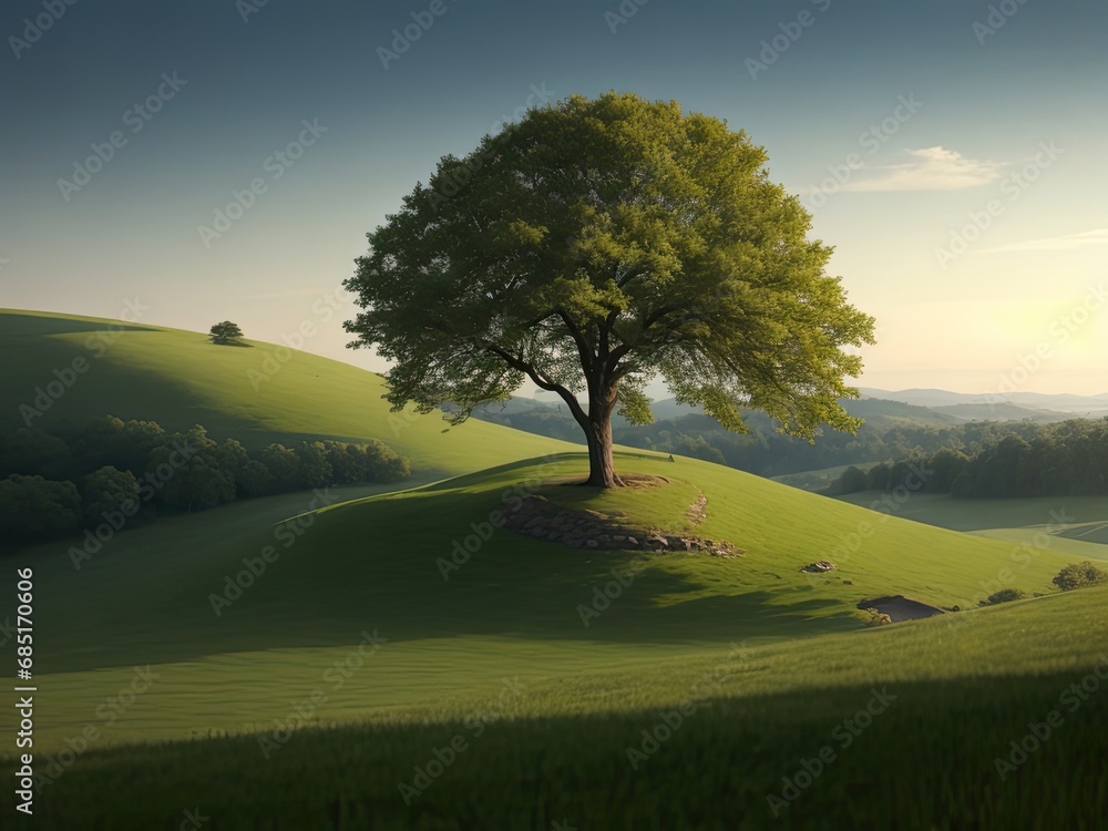 Peaceful landscape with a tree on a hill.