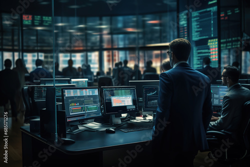 Rear view of successful businessman  financial analyst standing in modern hedge fund office with computer with multi-monitor workstation with real-time stocks  people working in the background.