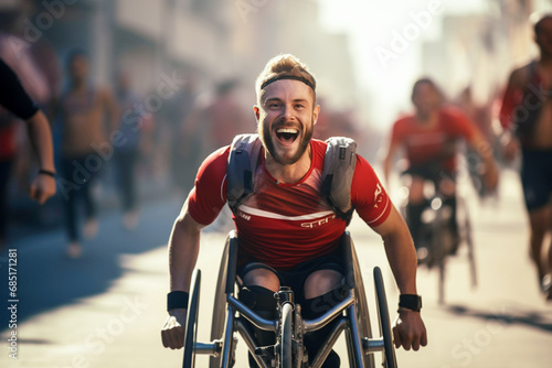 A male paraathlete who moves in a wheelchair actively participates in sports competitions for para athletes, and he takes part in a marathon race in wheelchairs.