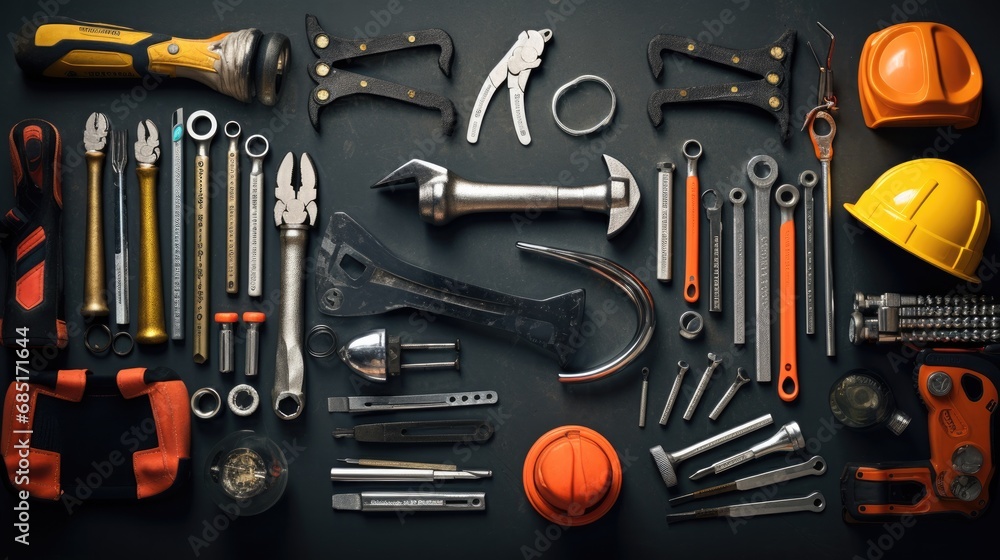 flat lay of engineer mechanic power tools on the table flat lay of engineer mechanic power tools on the table