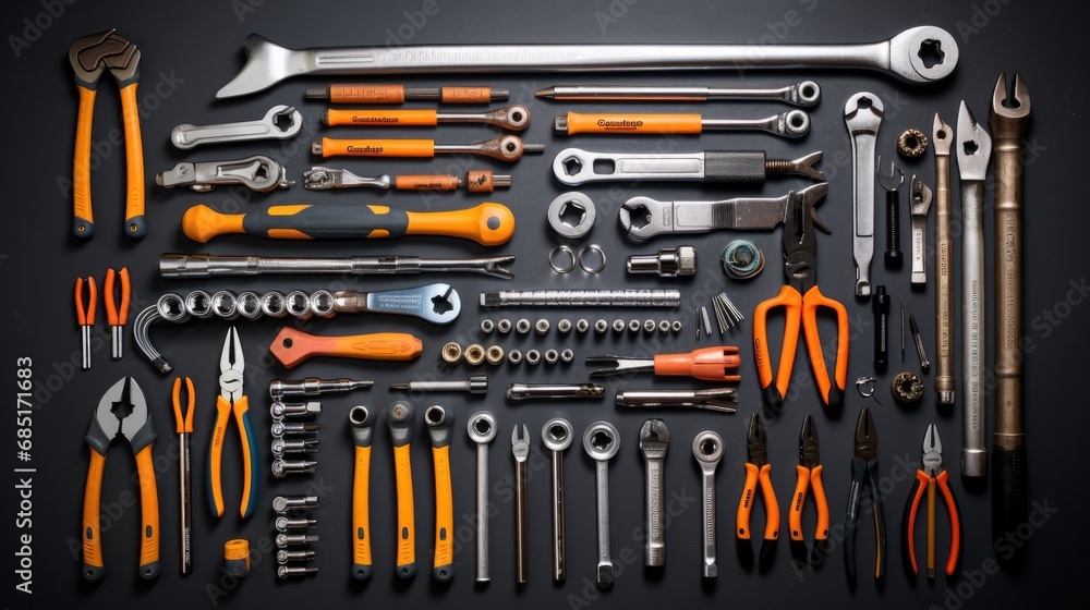 flat lay of engineer mechanic power tools on the table flat lay of engineer mechanic power tools on the table