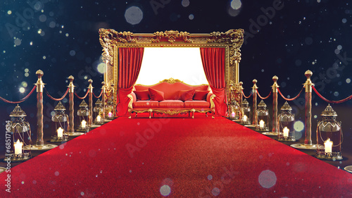 3D render of red carpet with gold barriers leading to a red luxury sofa, vip concept © mustapha
