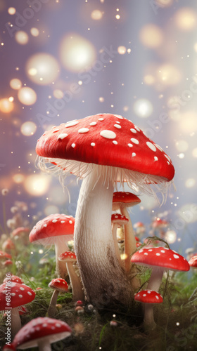 Fantasy glowing mushrooms in mystery dark forest