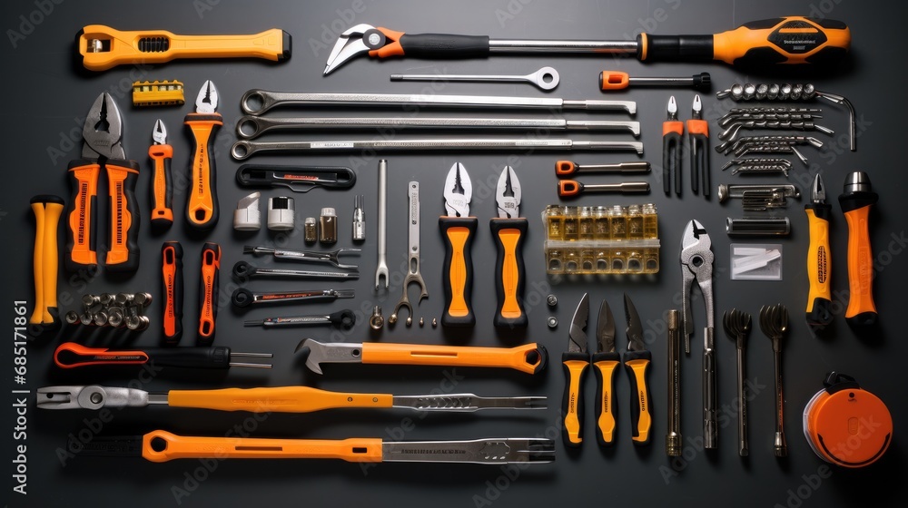 flat lay of engineer mechanic power tools on the table flat lay of engineer mechanic power tools on the table