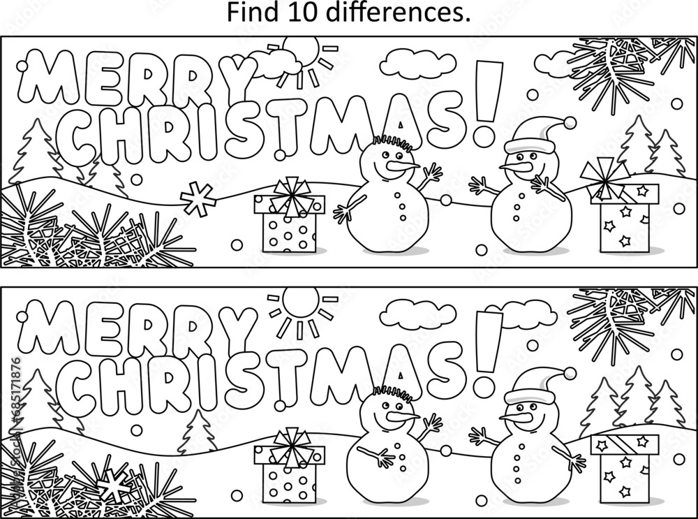 Merry Christmas! Difference game or picture puzzle with wish text, friendly snowmen, gifts or presents
Merry Christmas! Difference game or picture puzzle with wish text, friendly snowmen, gifts or presents
