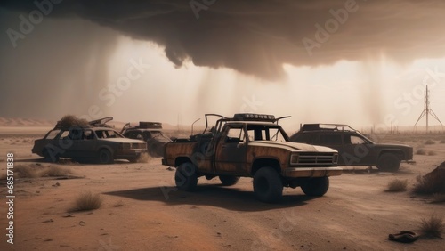 Post-apocalyptic scene, rusty cars in the desert