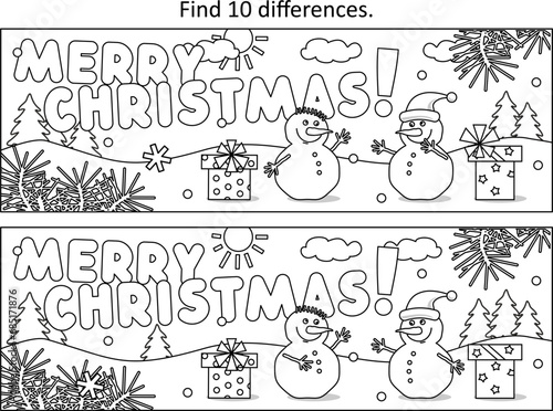 Merry Christmas! Difference game or picture puzzle with wish text, friendly snowmen, gifts or presents 