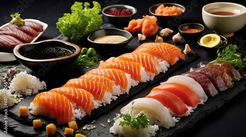 fish ingredient seafood food sushi illustration rice nori, soy sauce, ginger sashimi fish ingredient seafood food sushi