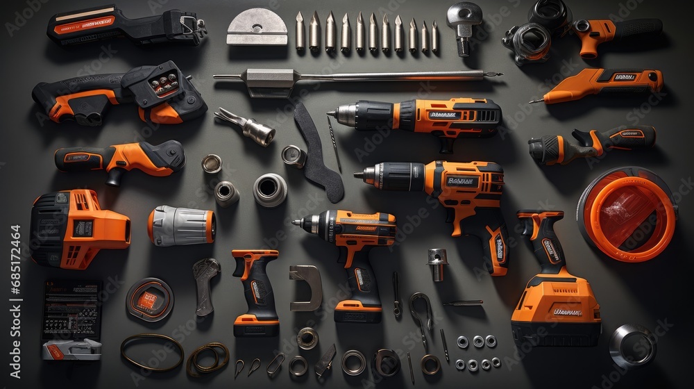 Fototapeta premium flat lay of engineer mechanic power tools on the table