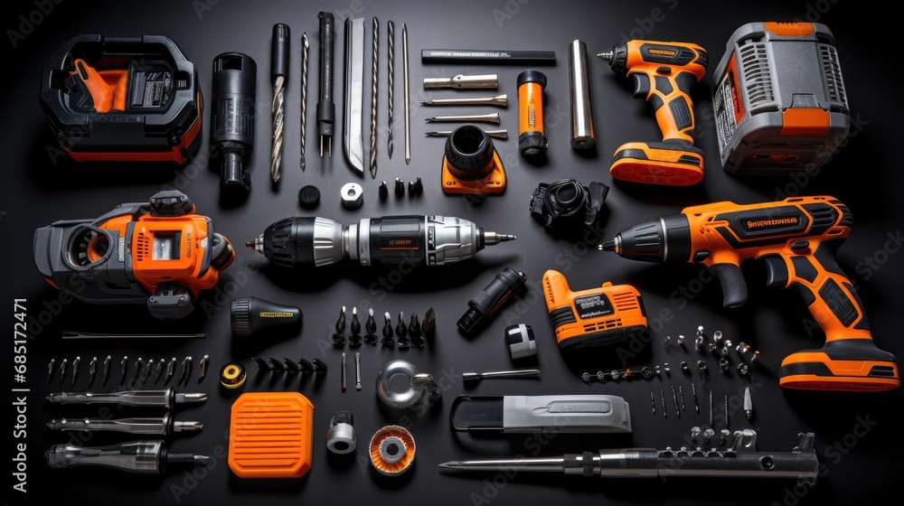 flat lay of engineer mechanic power tools on the table