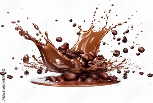 coffee chocolate splash with coffee beans isolated on white background. generative ai
