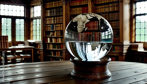 Eine Glaskugel mit wasser gefüllt in einer alten bibliothek photo