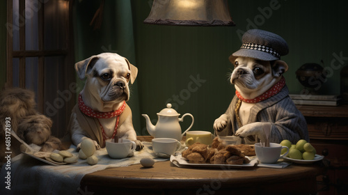 Deux chiens prenant le thé