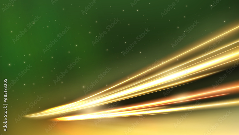 Gold Light Trails with Green Aurora, Long Time Exposure Motion Blur Effect, Vector Illustration Gold Light Trails with Green Aurora, Long Time Exposure Motion Blur Effect, Vector Illustration