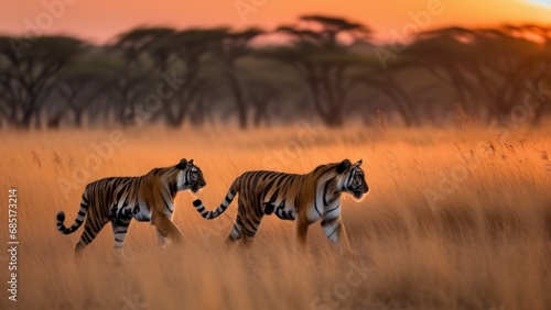 Tigers in the savanna on the sunset