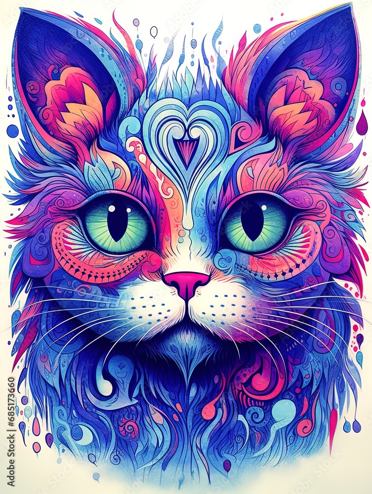 Poster of a cute cat drawn with floral shapes, petals and multiple colors. Poster of a cute cat drawn with floral shapes, petals and multiple colors.