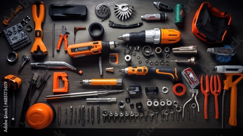flat lay of engineer mechanic power tools on the table © kittikunfoto