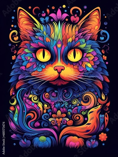 Poster of a cat drawn with floral shapes, petals and multiple colors. © HC FOTOSTUDIO
