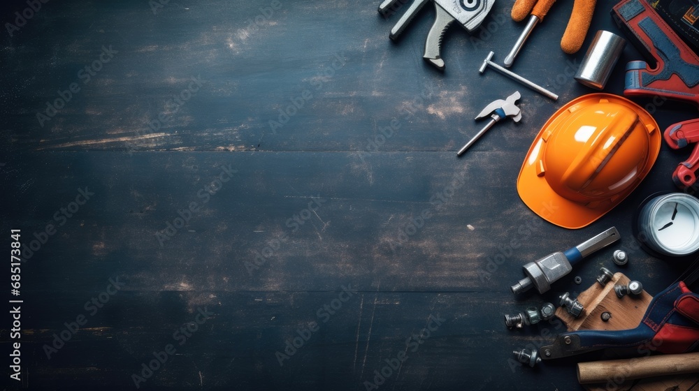 flat lay of engineer mechanic power tools on the table flat lay of engineer mechanic power tools on the table