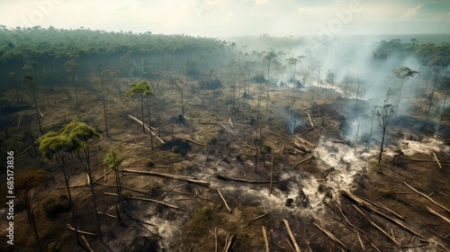 The drone captures a devastating aerial view of illegal deforestation and rampant destruction of the rainforest, causing irreparable damage to the forest ecosystem.