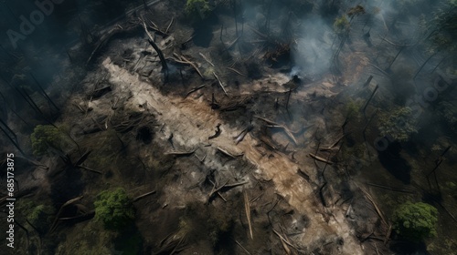The drone captures a devastating aerial view of illegal deforestation and rampant destruction of the rainforest, causing irreparable damage to the forest ecosystem. photo