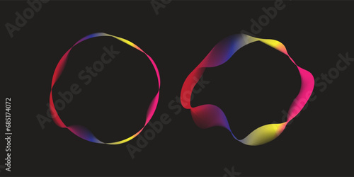Set of glowing neon color circles round curve shape with wavy dynamic lines isolated on black background technology concept. Circular light frame border. You can use for badges, price tag vector 