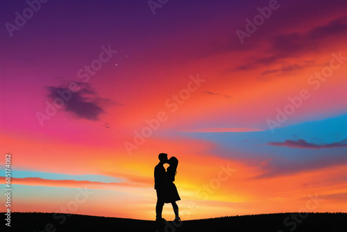 2D silhouette of a couple sharing a kiss against a colourful sunset