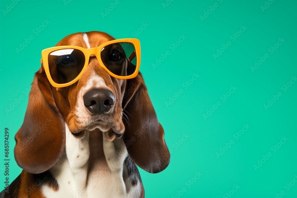 Dog in Yellow Sunglasses on Green Background