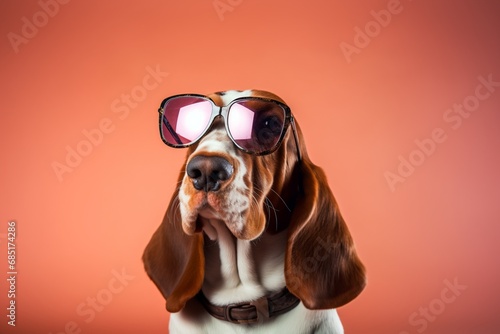 Basset Hound Wearing Sunglasses on Red Background photo