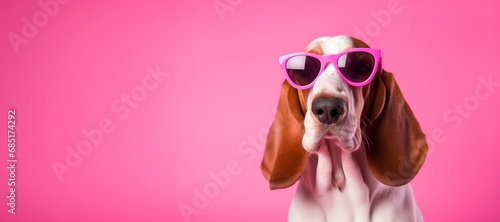 Dog in Pink Sunglasses on Pink Background photo