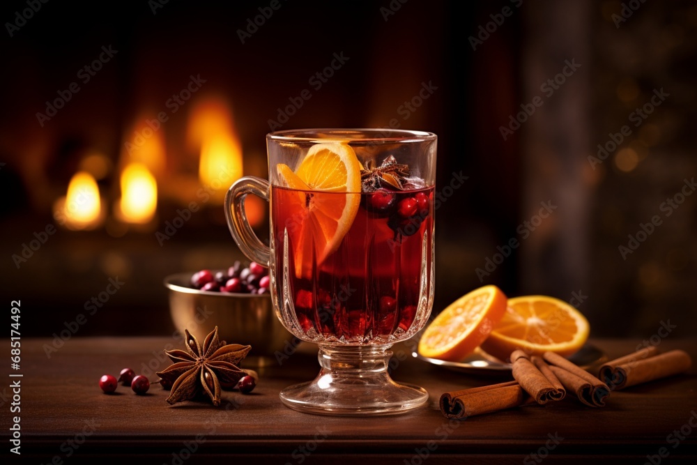 A Glass of Mulled Wine with Orange Slices and Spices
