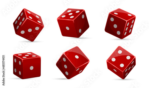 Turned vegas casino red dice in row. One to six position cube. Take chance. Gambling addiction, risky money, lucky game. Concept of playing via cash. Isolated on white background. Vector illustration