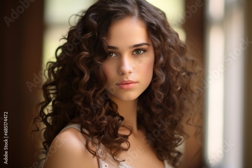 A Beautiful Young Woman with Long Curly Hair