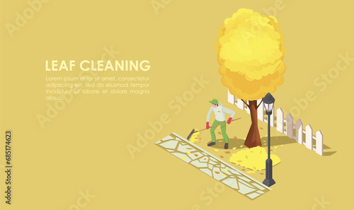 Autumn leaf cleaning, fall clean up, garbage season. Concept of urban gardening, raking leaves. Environment pollution. Yellow background. Isometric vector illustration