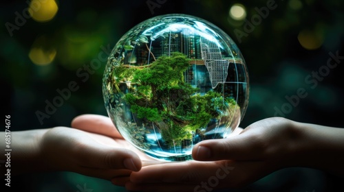 crystal glass globe ball and green energy in hand saving the environment